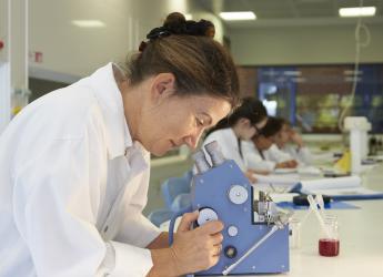 An environmental research scientist, looking through a microscope in a laboratory.